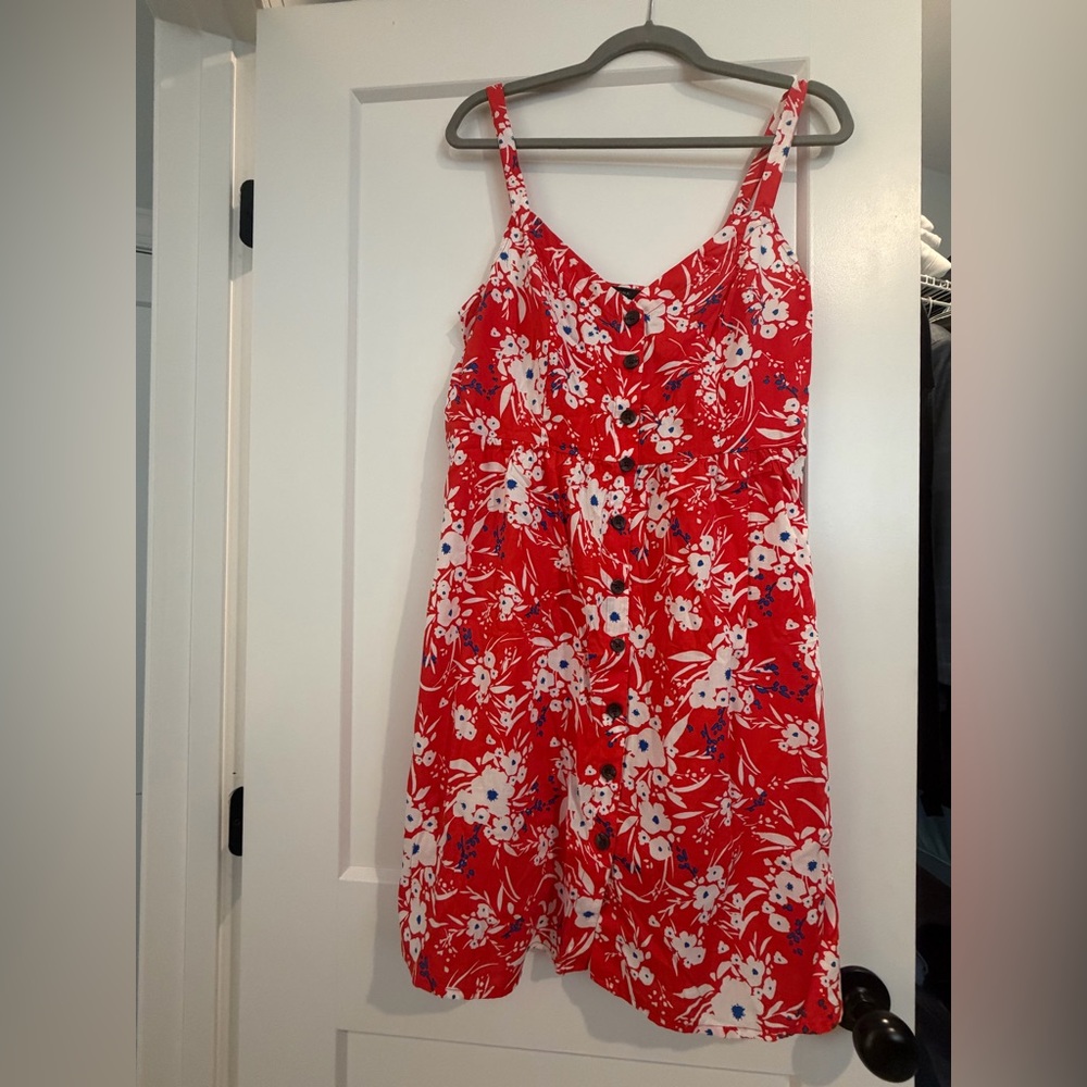 Banana Republic Red Floral Print Dress with Blue Accents